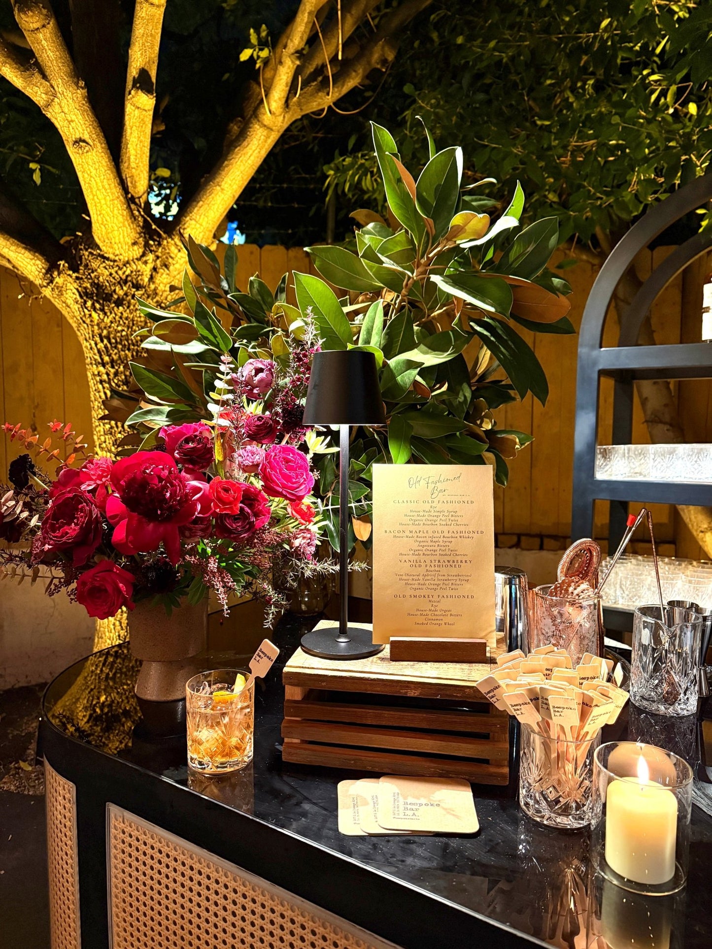Custom Bar Set Up - Custom Bar Sign,Wooden Frame, Crystal Bowls, Hand - Made Wooden Boxes, Silver Trays, Napkins, Straws, Coasters, Stirrers, Cocktail Picks - Bespoke Bar L.A.