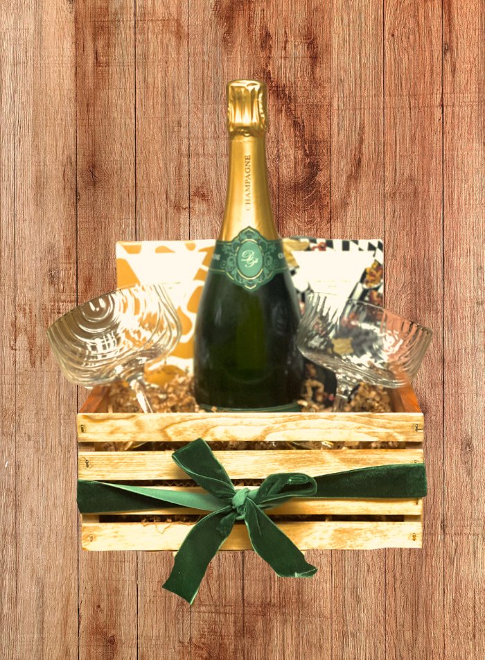 The Celebratory Box with Prosecco, Holiday Glass Coupes and Compartes Chocolate - Bespoke Bar L.A.